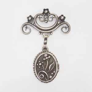 Vintage sterling silver ornate flower detail locket pill box pin by A & L